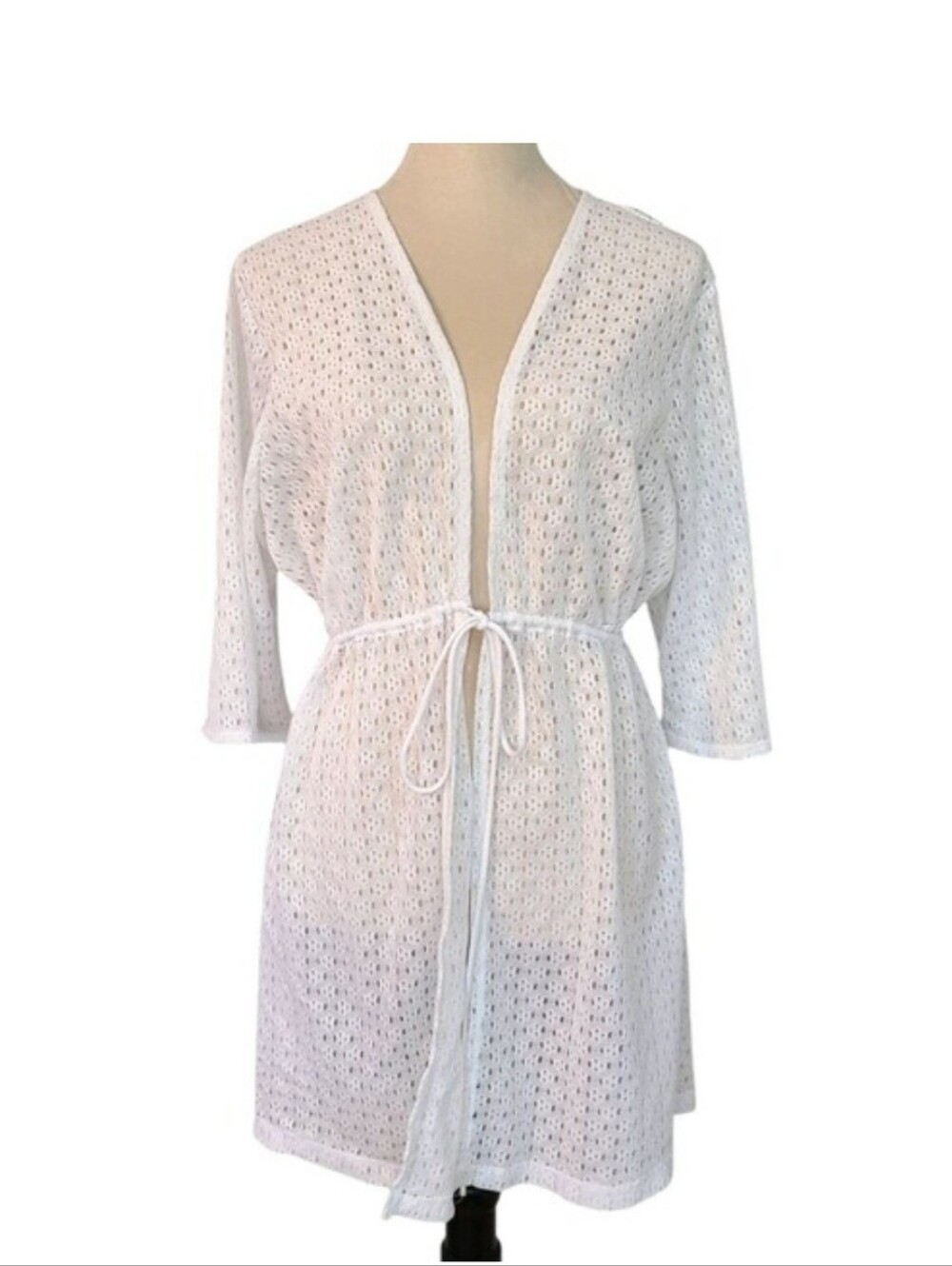 Womens 2X WHITE CROCHET LACE SWIM SUIT COVER UP Robe w/Ties Pool Beach Cruise
